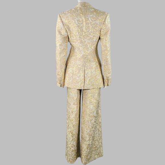 2 Metallic Gold Silver Polyamide Blend Jacquard Peak Lapel Pantsuit - Picture 4 of 16
